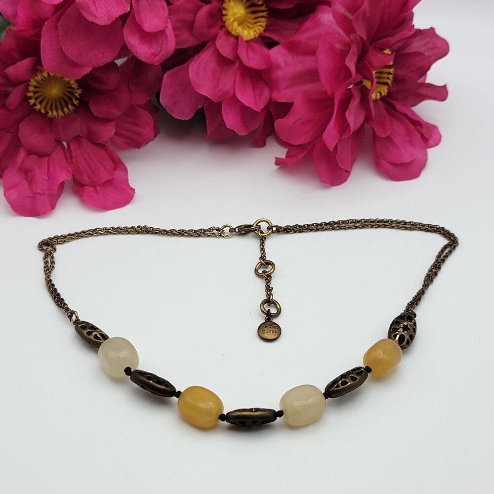 Sigrid Olsen Yellow And White Agate Necklace Double Chain Brass 17" Adj. BOHO